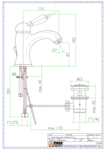 Fiore Imperiale, однорычажный смеситель для раковины c донным клапаном, высота излива 83мм, цвет золото
