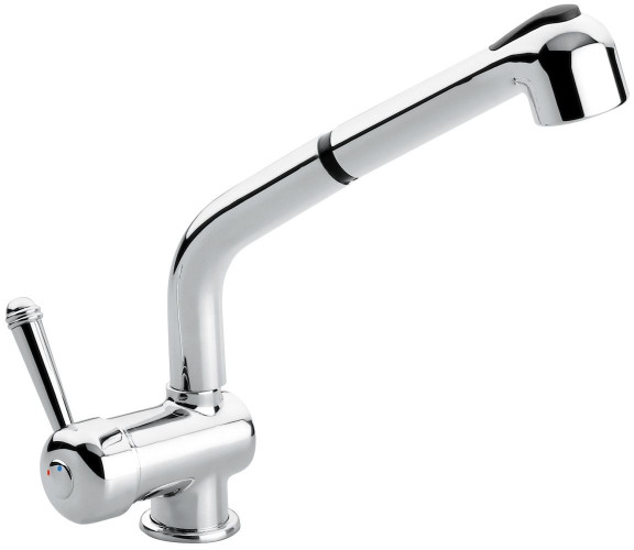 Emmevi Laguna, однорычажный кухонный смеситель с поворотным вытяжным изливом (излив 24 см) и металлической ручкой, без донного клапана, цвет хром