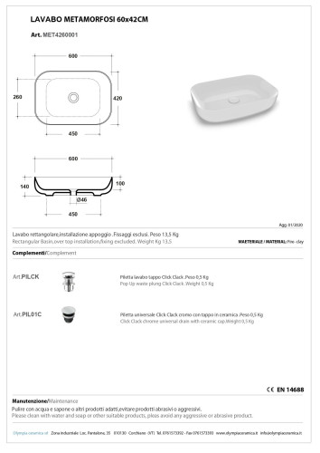Olympia Metamorfosi, накладная прямоугольная раковина 60x42xh14 см, с донным клапаном, цвет белый глянцевый
