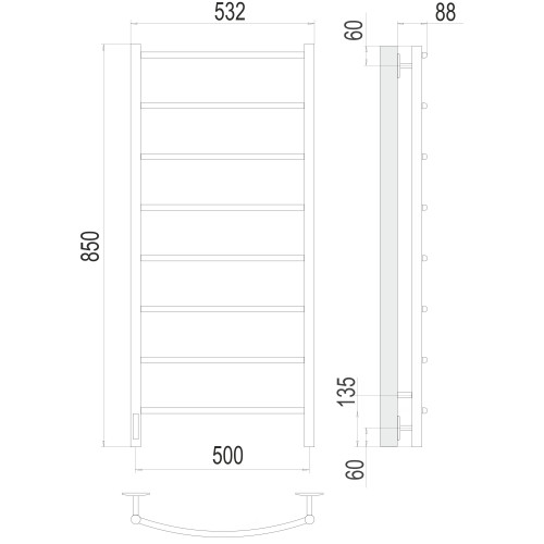 Полотенцесушитель с/т TERMINUS Электро Классик П8 500х850 (quick touch) слева NEW