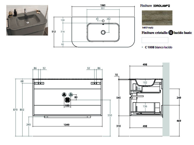 Тумба со стеклянной раковиной BERLONI BAGNO FLY FLYBA2C002CXS2/1417