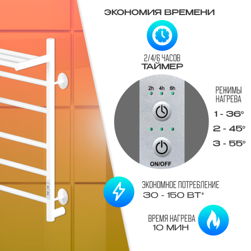 Полотенцесушитель Электрич.кабельный Ника WAY-2 60/40 с полкой RAL9016 белый матовый U