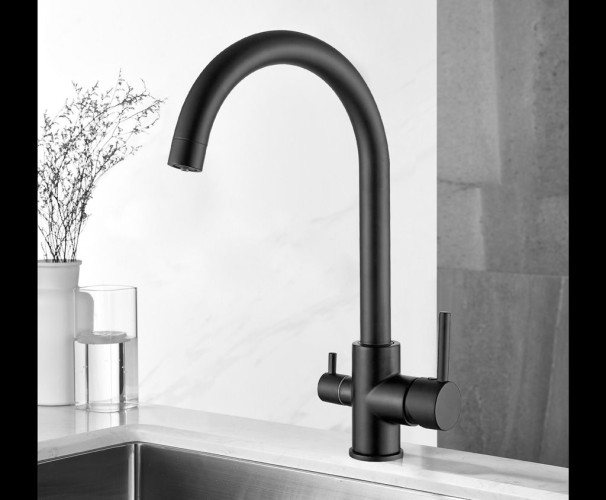 AQG DUO, смеситель для кухни с фильтром,излив закругленный цвет черный матовый