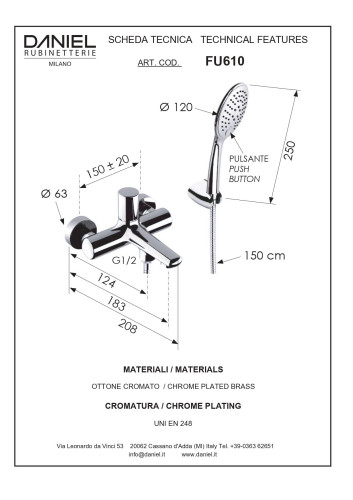 Daniel Fusion, однорычажный смеситель для ванны (излив 18,3 см), c набором для душа, цвет глянцевая медь