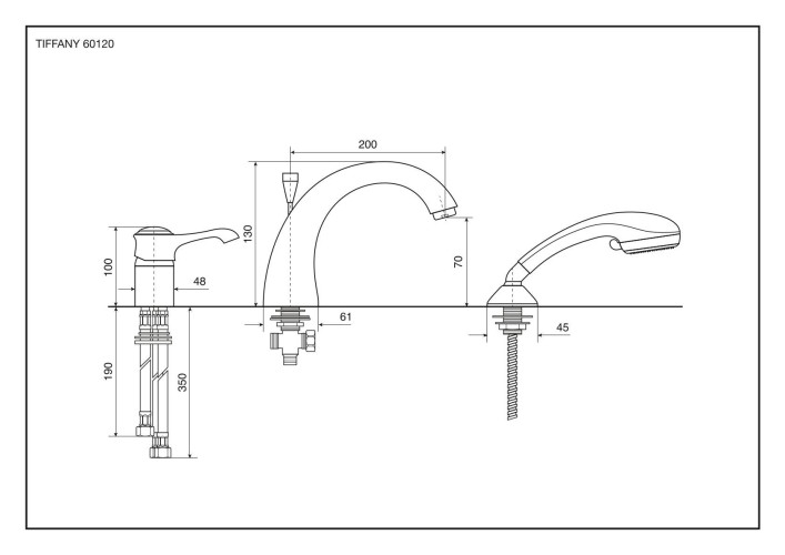 Emmevi Tiffany, комплект смесителя на борт ванны на 3 отверстия с ручным душем, цвет белый-хром