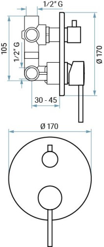 Emmevi Piper, однорычажный встраиваемый смеситель для душа на 3 выхода с дивертером, цвет черный матовый