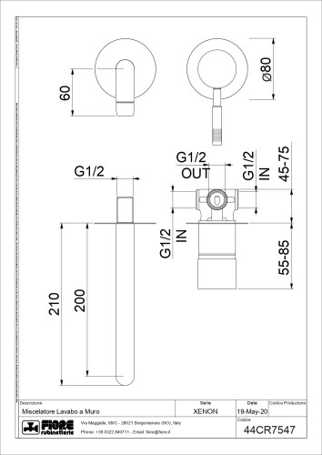Fiore Xenon, встраиваемый в стену смеситель для раковины с круглым основанием, цвет хром