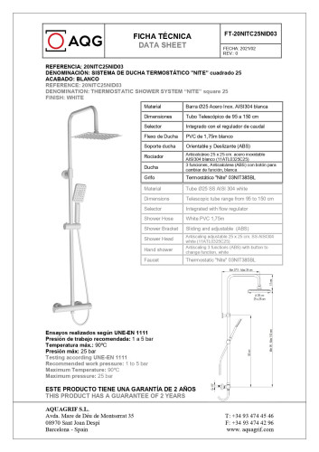 AQG, душевая колонна Nite регулируемая по высоте 95-150 см: c термостатом и квадратным верхним душем 25х25 см, цвет белый матовый