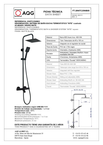 AQG, душевая колонна NITE регулируемая по высоте 95-150 см: с изливом, термостатом и квадратным верхним душем 25х25 см, цвет черный матовый