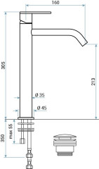 Emmevi Filoinox, высокий однорычажный смеситель для раковины (излив 16 см), с донным клапаном click-clack, из нержавеющей стали
