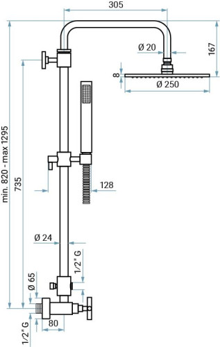 Emmevi Spirit New, душевая колонна из латуни, регулируемая по высоте 82-129,5 см: со смесителем и круглым антикальковым верхним душем 25 см, цвет брон