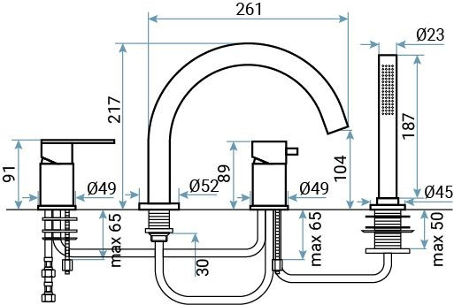 Emmevi Filoinox, комплект однорычажного смесителя на борт ванны на 4 отверстия с изливом, из нержавеющей стали