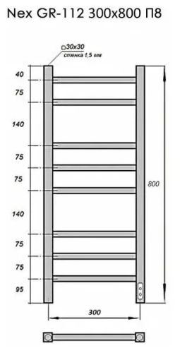 Полотенцесушитель Электрич. с/т GROIS Nex GR-112 300/800 П8 RAL9005 U черный матовый