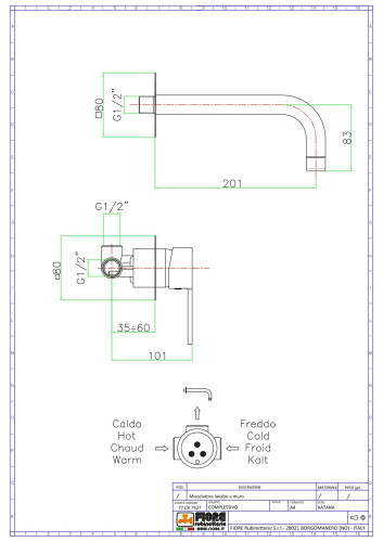 Fiore Katana, встраиваемый в стену однорычажный смеситель для раковины, цвет хром