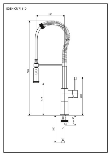 Emmevi Eden, однорычажный кухонный смеситель (излив 21,5 см), с пружинным поворотным изливом и фиксатором, без донного клапана, цвет хром