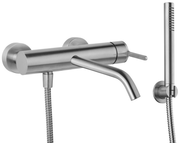 Emmevi Filoinox, однорычажный смеситель для ванны (излив 19,4 см), с набором для душа, из нержавеющей стали