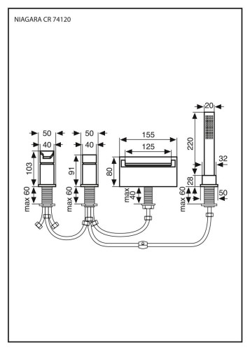 Emmevi Niagara, комплект смесителя на борт ванны на 4 отверстия с каскадным изливом, цвет хром