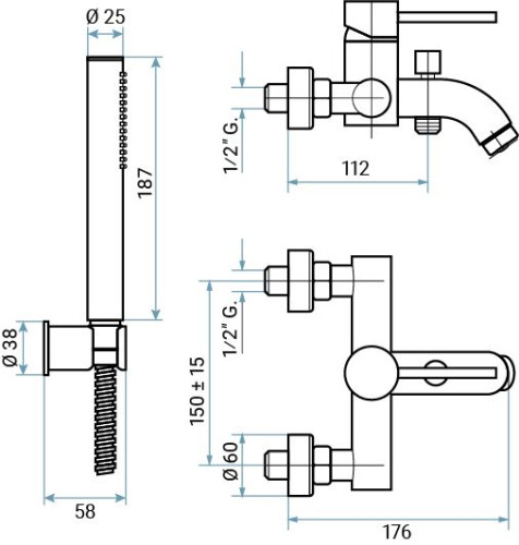 Emmevi Piper, однорычажный смеситель для ванны (излив 17,6 см), с набором для душа, цвет черный матовый