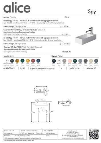 Alice Spy, подвесная прямоугольная раковина 45x20x11h см c крепежом fix01, цвет белый глянцевый