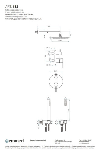 Emmevi Filobrass, душевой комплект на 2 потребителя с круглым верхним душем Ø 250мм и кронштейном 350мм, цвет хром