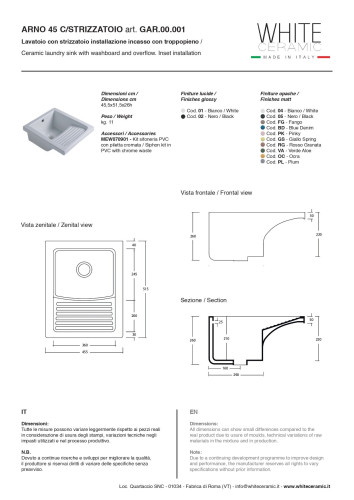 White Ceramic Arno, постирочная/хозяйственная раковина 45х51.5х26h см, цвет белый глянцевый