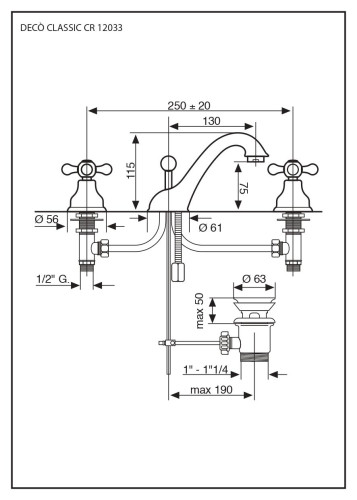 Emmevi Deco Classic, смеситель с донным клапаном для раковины на 3 отверстия, цвет хром-золото