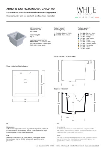 White Ceramic Arno, постирочная/хозяйственная раковина 45х51х40h см, цвет белый глянцевый