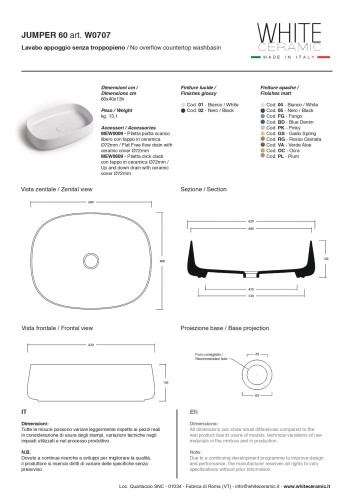 White Ceramic Jumper, накладная прямоугольная раковина 60x40x13h см, цвет белый глянцевый