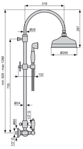 Emmevi, душевая колонна с керамическими ручками (старый арт. 12100281), регулируемая по высоте 93,2-133,2 см: со смесителем и круглым антикальковым ве