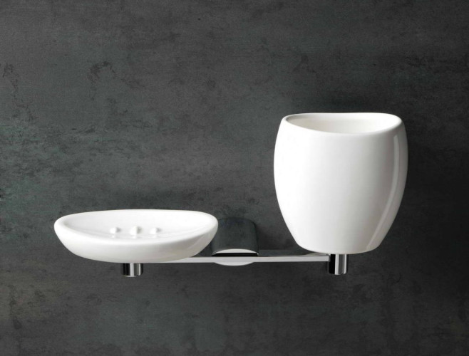 Stil Haus Aria, настенная белая керамическая мыльница и стакан на одном держателе, цвет хром