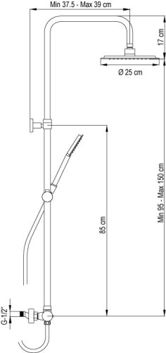 AQG Beta, душевая колонна регулируемая по высоте 95-150 см, cо смесителем и круглым верхним душем 25