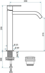 Emmevi Filobrass, высокий однорычажный смеситель для раковины (излив 20 см), рукоятка без стержня, с донным клапаном click-clack, цвет зачищенное золо