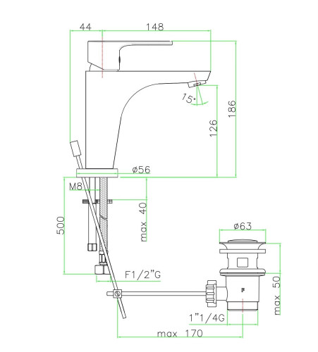 Fiore Kera, однорычажный смеситель для раковины с донным клапаном, цвет хром