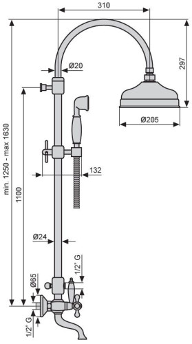 Emmevi, душевая колонна с ручками-крестиками, регулируемая по высоте 91,6-142,6 см: с изливом, изогнутым кронштейном и круглым антикальковым верхним д