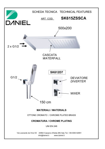 Daniel Skyline, душевой комплект на 3 потребителя, с консольной душевой головкой 50x20 см, 2 режима: дождь и каскад, цвет хром